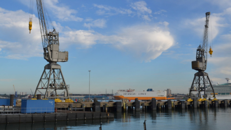 two cranes with blue sky