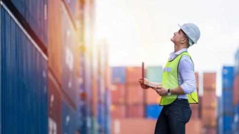 a man in site safety clothing and a hard hat holding a laptop looking up at containers