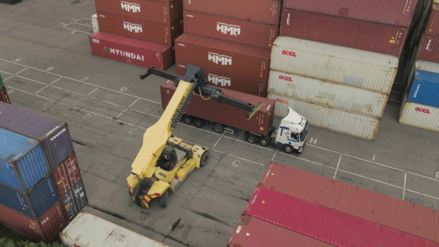 an aerial view of a red container being stored
