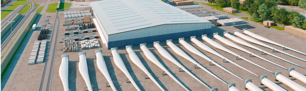 Wind turbine blades lined up in a row